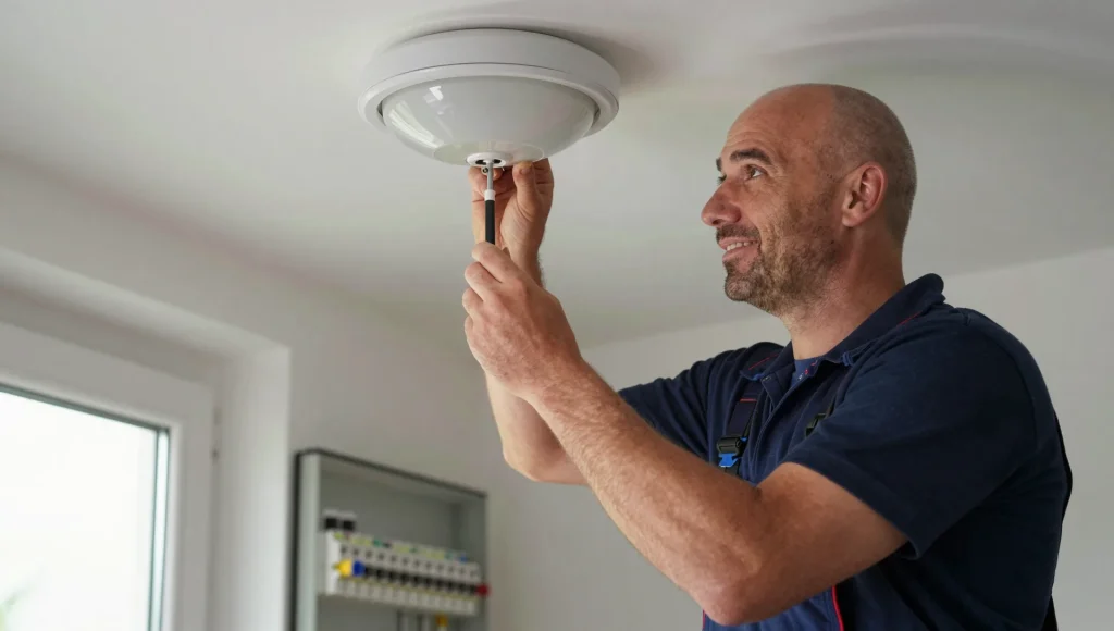 Elektrofachkraft repariert eine Deckenleuchte mit geöffnetem Anschluss