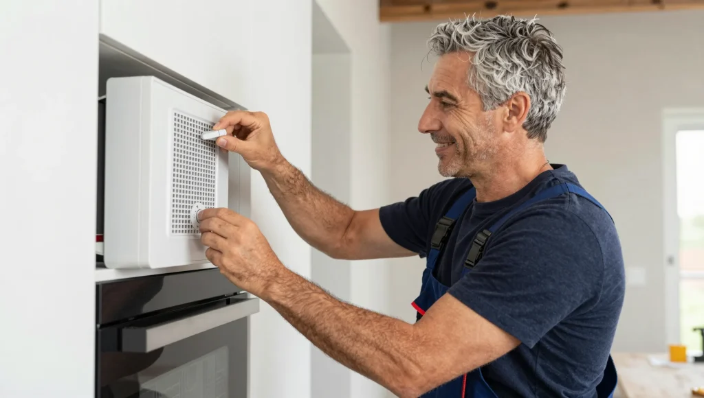 Elektrofachkraft klemmt die Zuleitung an eine Herdanschlussdose