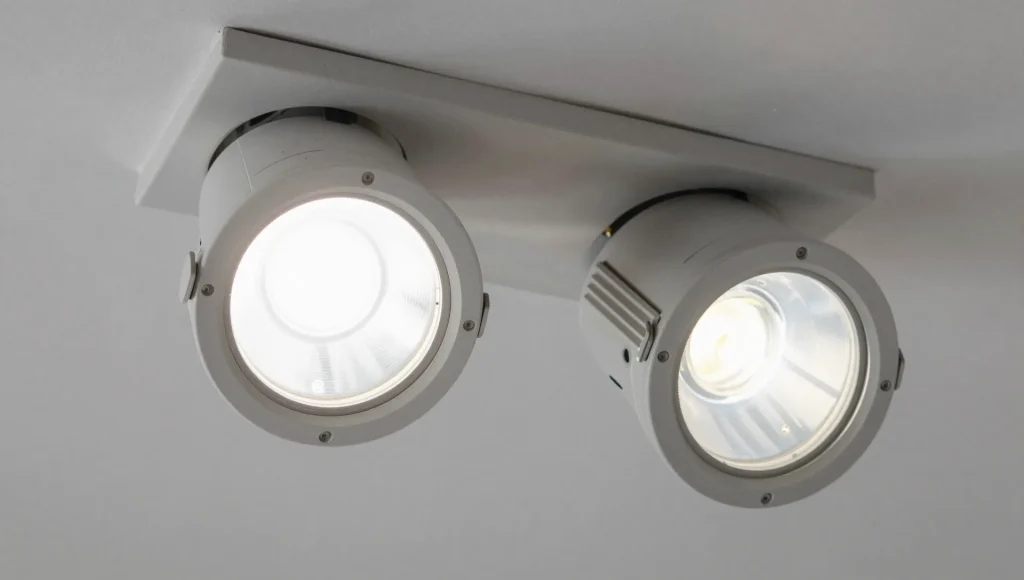 Montierte LED-Einbauspots an einer Zimmerdecke