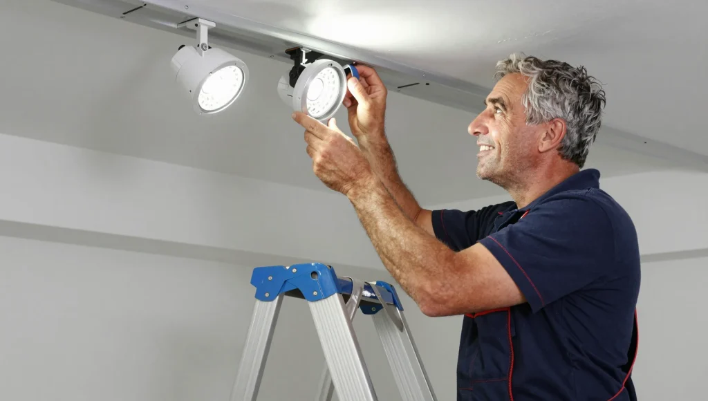 Elektrofachkraft montiert LED-Einbauspots an einer Zimmerdecke