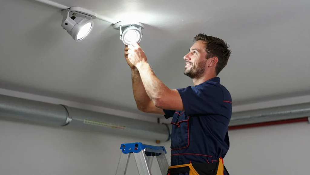 Elektriker montiert LED-Einbauspots während Elektroarbeiten in einer Rüttenscheider Altbauwohnung