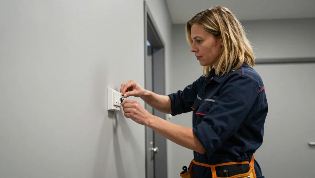 Elektriker montiert einen neuen Lichtschalter an der Wand