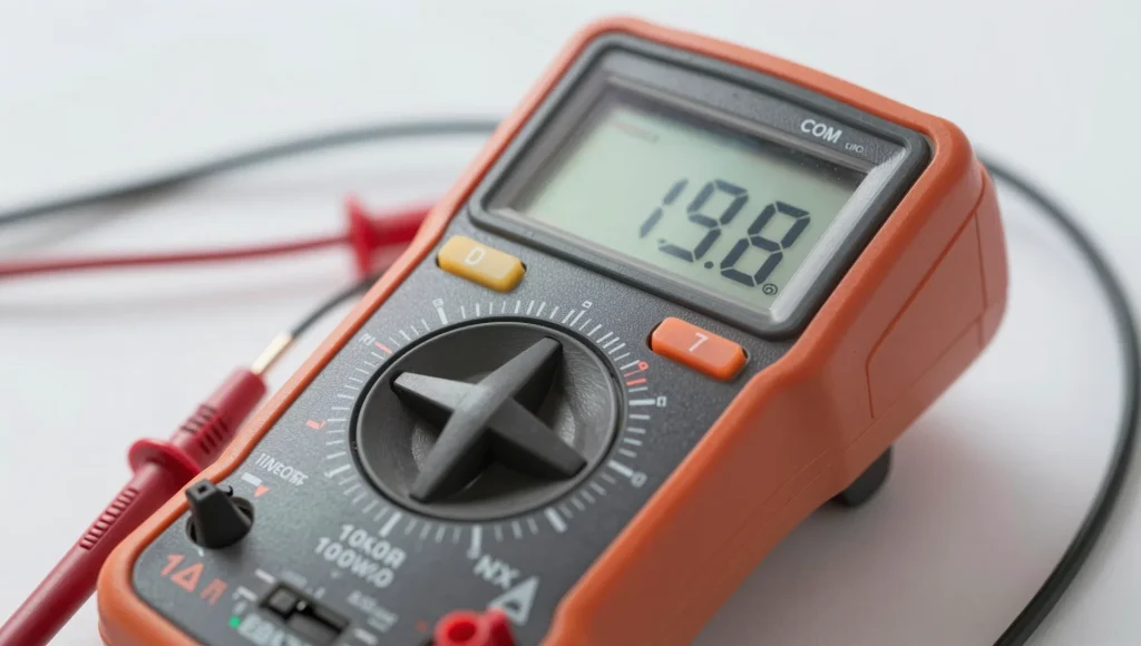 Elektrofachkraft misst mit einem Multimeter die Spannung an einer Steckdose