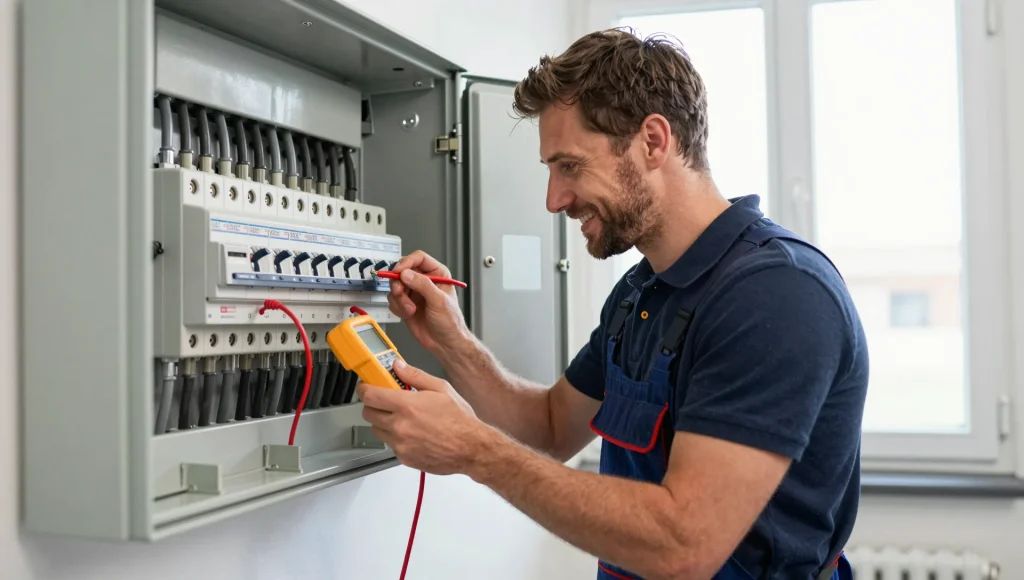 Elektriker misst mit einem Messgerät im geöffneten Sicherungskasten