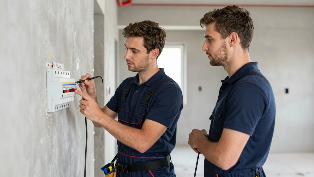 Elektriker prüft mit einem Spannungsprüfer eine Sicherung vor dem Austausch