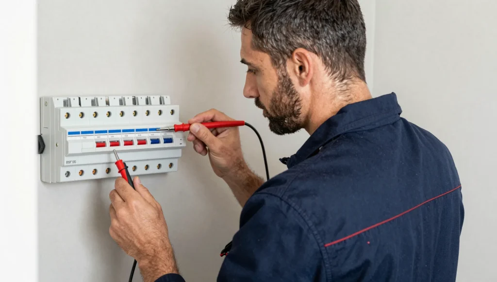 Elektriker prüft mit einem Spannungsprüfer eine Sicherung im Verteiler