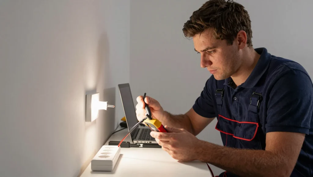 Elektriker prüft eine Steckdose mit einem Prüfgerät