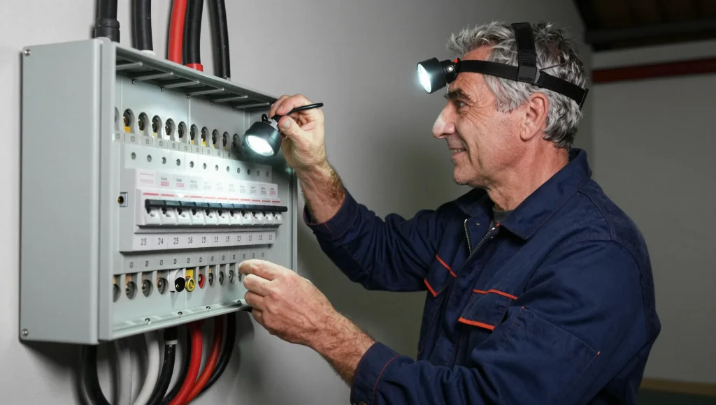 Elektrofachkraft bei der Fehlersuche an einem geöffneten Sicherungskasten