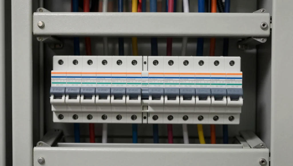 Blick in einen geöffneten Verteilerschrank bei der Sichtprüfung