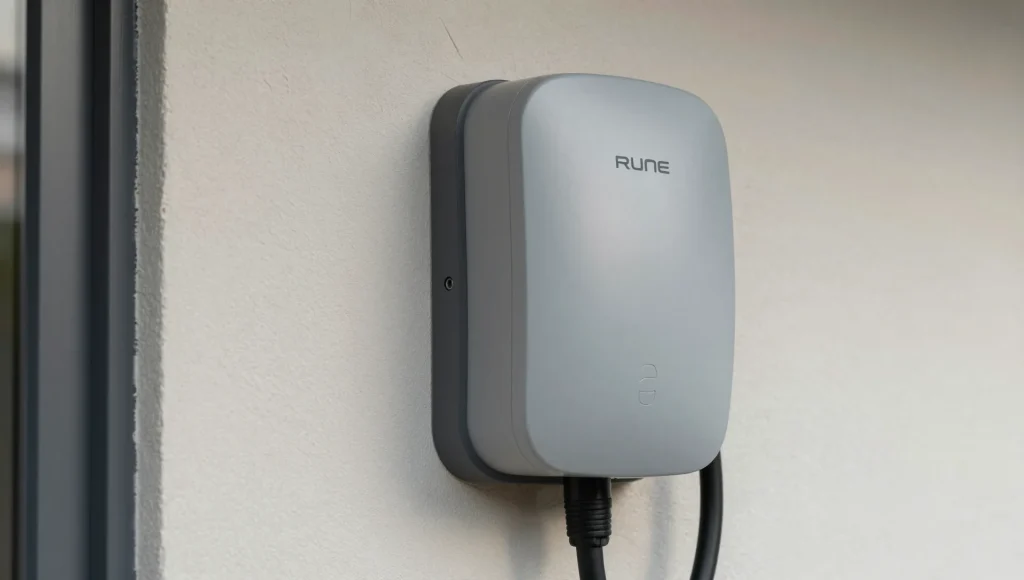 Nahaufnahme einer montierten Wallbox mit Ladekabel