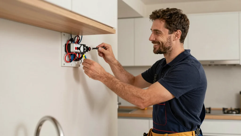 Elektriker bei der Inspektion einer offenen Wandverkabelung vor dem Schließen der Wand