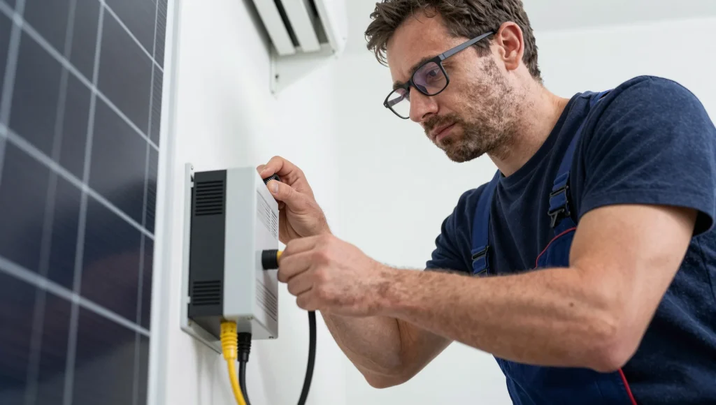 Elektriker schließt die Verkabelung an einen Wechselrichter einer Photovoltaikanlage an