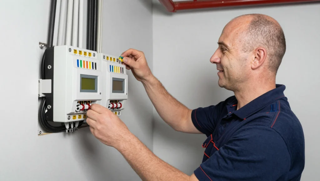 Elektriker bei der Montage eines neuen Zählerschranks in einem Geschossbau